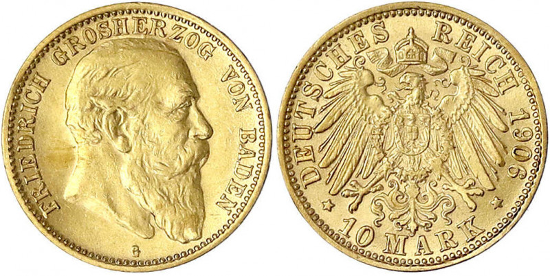 Baden
Friedrich I., 1856-1907
10 Mark 1906 G. vorzüglich/Stempelglanz. Jaeger ...