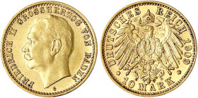 Baden
Friedrich II., 1907-1918
10 Mark 1909 G. vorzüglich/Stempelglanz. Jaeger 191.