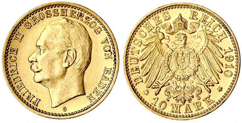Baden
Friedrich II., 1907-1918
10 Mark 1910 G. vorzüglich/Stempelglanz. Jaeger...