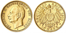 Baden
Friedrich II., 1907-1918
10 Mark 1910 G. vorzüglich/Stempelglanz. Jaeger 191.