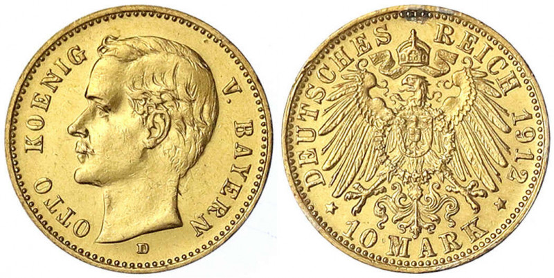 Bayern
Otto, 1886-1913
10 Mark 1912 D. sehr schön/vorzüglich, Henkelspur. Jaeg...