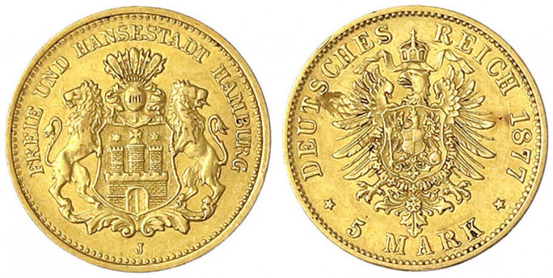 Hamburg
5 Mark 1877 J. fast vorzüglich, Schrötlingsfehler auf Rs. Jaeger 208.