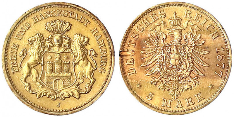 Hamburg
5 Mark 1877 J. Broschierspur mit Randschaden auf Rs., Grundsubstanz vor...