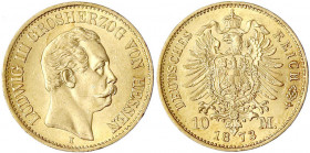 Hessen
Ludwig III., 1848-1877
10 Mark 1873 H. vorzüglich/Stempelglanz, selten in dieser Erhaltung. Jaeger 213.