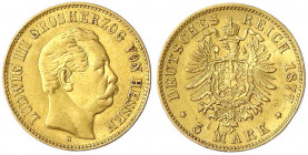 Hessen
Ludwig III., 1848-1877
5 Mark 1877 H. leichte Fassungsspuren, min. wellig, kl. Kratzer, sonst sehr schön. Jaeger 215.