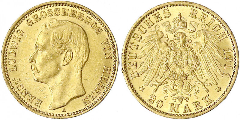 Hessen
Ernst Ludwig, 1892-1918
20 Mark 1911 A. vorzüglich/Stempelglanz. Jaeger...