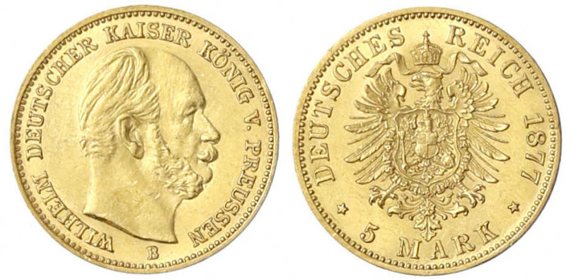 Preußen
Wilhelm I., 1861-1888
5 Mark 1877 B. vorzüglich/Stempelglanz. Jaeger 2...