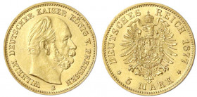 Preußen
Wilhelm I., 1861-1888
5 Mark 1877 B. vorzüglich/Stempelglanz. Jaeger 244.