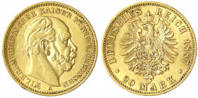 Preußen
Wilhelm I., 1861-1888
20 Mark 1887 A. vorzüglich, winz. Randfehler. Jaeger 246.