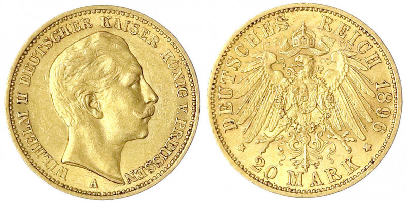 Preußen
Wilhelm II., 1888-1918
20 Mark 1896 A. sehr schön/vorzüglich. Jaeger 2...