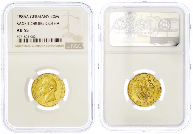 Sachsen/-Coburg-Gotha
Ernst II., 1844-1893
20 Mark 1886 A. Im NGC-Blister mit ...