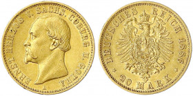 Sachsen/-Coburg-Gotha
Ernst II., 1844-1893
20 Mark 1886 A. sehr schön/vorzüglich. Jaeger 271.