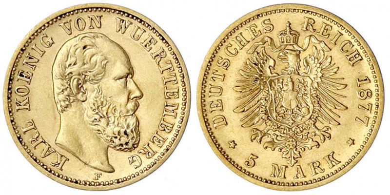 Württemberg
Karl, 1864-1891
5 Mark 1877 F. gutes vorzüglich. Jaeger 291.