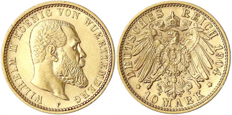 Württemberg
Wilhelm II., 1891-1918
10 Mark 1904 F. vorzüglich/Stempelglanz. Ja...