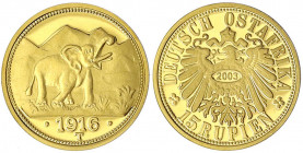 Deutsch-Ostafrika
Notmünzen aus Tabora, 1916
Neuprägung zum 15 Rupien-Stück 1916 T, Elefant. (2003) 3,56 g. 585/1000.
Polierte Platte. Jaeger zu 72...