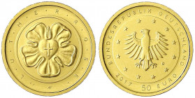 Euro, ab 2002
50 Euro 2017 D, Lutherrose. 1/4 Unze Feingold. In Originalschatulle mit Zertifikat und Umverpackung (diese mit Gebrauchsspuren).
Stemp...