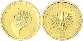Euro, ab 2002
50 Euro 2020 J, Orchesterhorn. 1/4 Unze Feingold. In Originalschatulle mit Zertifikat und Umverpackung.
Stempelglanz. Jaeger 652.