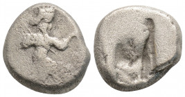 Greek
ACHAEMENID EMPIRE, Sardes, Time of Darios I to Xerxes II (Circa 485-420 BC)
AR Siglos (15.8mm, 5.3g)
Obv: Persian king in kneeling-running stanc...