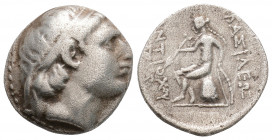 Greek
SELEUKID KINGDOM, Antiochos III (Circa 222-187 BC)
AR Drachm (17.1mm, 4.1g)
Obv: Diademed head r. 
Rev: Apollo seated l. on omphalos, testing ar...