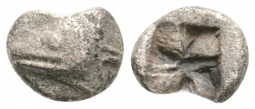 Greek
MYSIA, Kyzikos (Circa 600-550 BC)
AR Obol (8.6mm, 0.6g)
Obv: Head of tunny fish to left .
Rev: Rough incuse.
Cf. von Fritze II 3 (quadripartite ...