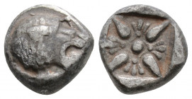 Greek
IONIA, Miletos (Circa Late 6th-early 5th century BC)
AR Diobol (10.7mm, 1.1g)
Obv: Forepart of lion left, head right.
Rev: Stellate floral desig...