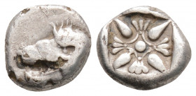 Greek
IONIA, Miletos (Circa Late 6th-early 5th century BC)
AR Diobol (9.4mm, 0.8g)
Obv: Forepart of lion right, head reverted.
Rev: Stellate pattern w...