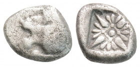Greek 
IONIA, Miletos (Circa 6th-5th centuries BC)
AR Diobol (10.3mm, 1.1g)
Obv: Forepart of lion right, head left.
Rev: Stellate floral design within...