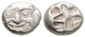Greek
MYSIA, Parion (Circa 5th century BC)
AR Drachm (12.3mm, 3.2g)
Obv: Facing gorgoneion, with mouth open and tongue protruding.
Rev: Rough square i...