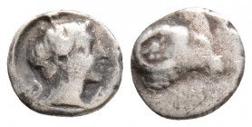 Greek
KARIA, Halikarnassos (Circa 5th century BC)
AR Hemiobol (7.8mm, 0.4g)
Obv: Head of ram to right 
Rev: Young male head to right flanked by Karian...
