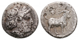 Greek
TROAS, Antandros (Circa Late 5th century BC)
AR Trihemiobol (10.8mm, 1.2g)
Obv: Head of Artemis Astyrene to right, her hair bound with a double ...