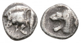 Greek
MYSIA, Kyzikos, (Circa 475 BC) 
AR Obol (8.2mm, 0.5g)
Obv: Forepart of boar to left with on shoulder; behind, tunny fish.
Rev: Lion´s head with ...