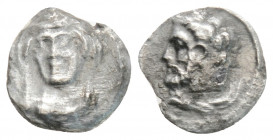 Greek
CILICIA, Uncertain mint (Circa 4th century BC)
AR Obol (9mm, 0.5g)
Obv: Head of Herakles left, lion's skin tied at neck.
Rev: Veiled female bust...
