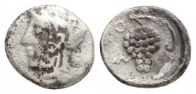 Greek 
CILICIA, Soloi (Circa 465-400 BC) 
AR Obol (9mm, 0.7g)
Obv: Head of Amazon to left, wearing pointed cap with curved wing. 
Rev: Grape bunch on ...
