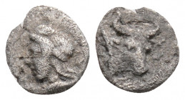Greek
MYSIA, Kyzikos (Circa 460-410 BC)
AR Hemiobol (7.7mm, 0.2g)
Obv: Head of Attis left, wearing Phrygian cap; below, tunny.
Rev: KY-ZI clockwise, Z...