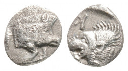 Greek
MYSIA, Kyzikos (Circa 450-400 BC)
AR Hemiobol (7.5mm, 0.3g)
Obv: Forepart of boar right; to left, tunny upward.
Rev: Head of lion left; retrogra...