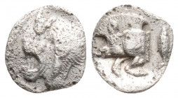 Greek 
MYSIA, Kyzikos (Circa 450-400 BC)
AR Hemiobol (9mm, 0.3g)
Obv: Forepart of boar left; retrograde K on shoulder; to right, tunny upward.
Rev: He...