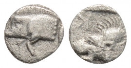 Greek Coins
MYSIA, Kyzikos (Circa 450-400 BC)
AR Tetartemorion (6.6mm, 0.2g)
Obv: Forepart of boar left; tunny to right.
Rev: Head of roaring lion lef...