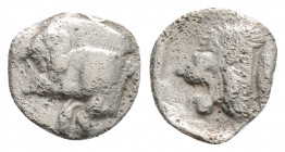 Greek
MYSIA, Kyzikos (Circa 450-400 BC)
AR Hemiobol (8.2mm, 0.3g)
Obv: Forepart of boar to left, tunny fish behind.
Rev: Head of roaring lion to left ...