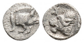 Greek
MYSIA, Kyzikos (Circa 450-400 BC)
AR Hemiobol (6.8mm, 0.3g)
Obv: Forepart of boar right, tunny behind.
Rev: Head of lion left; retrograde K to u...