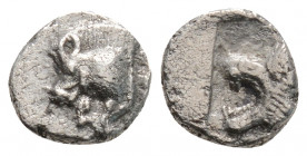 Greek
MYSIA, Kyzikos (Circa 450-400 BC)
AR Hemiobol (7.8mm, 0.4g)
Obv: Forepart of boar to left, tunny fish behind.
Rev: Head of roaring lion to left ...