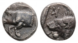 Greek
MYSIA, Kyzikos (Circa 450-400 BC)
AR Obol (8.8mm, 0.7g)
Obv: Forepart of boar left; tunny to right. 
Rev: Head of roaring lion left; retrograde ...