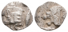 Greek
MYSIA, Kyzikos (Circa 450-400 BC).
AR Obol (11.3mm, 0.7g)
Obv: Forepart of boar left, with Ǝ on shoulder; to right, tunny upward./,
Rev: Head of...