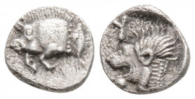Greek
MYSIA, Kyzikos (Circa 450-400 BC)
AR Obol (9.3mm, 0.7g)
Obv: Forepart of boar left; tunny to right. 
Rev: Head of roaring lion left; retrograde ...