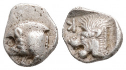 Greek
MYSIA, Kyzikos (Circa 450-400 BC)
AR Obol (9.8mm, 0.7g)
Obv: Forepart of boar left; tunny to right. 
Rev: Head of roaring lion left; retrograde ...
