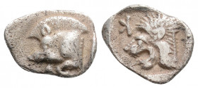 Greek
MYSIA, Kyzikos (Circa 450-400 BC)
AR Obol (11.1mm, 0.7g)
Obv: Forepart of boar left; tunny to right.
Rev: Head of roaring lion left; retrograde ...