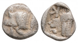 Greek
MYSIA, Kyzikos (Circa 450-400 BC)
AR Obol (9.3mm, 0.7g)
Obv: Forepart of boar left; tunny to right.
Rev: Head of roaring lion left; retrograde K...