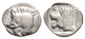 Greek
MYSIA, Kyzikos (Circa 450-400 BC)
AR Obol (9.6mm, 0.6g)
Obv: Forepart of boar left; tunny to right. 
Rev: Head of roaring lion left; retrograde ...