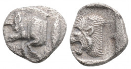 Greek
MYSIA, Kyzikos (Circa 450-400 BC)
AR Obol (11.1mm, 0.8g)
Obv: Forepart of boar left; to right, tunny upward.
Rev: Head of roaring lion left with...