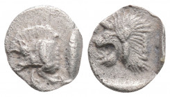 Greek
MYSIA, Kyzikos (Circa 450-400 BC)
AR Hemiobol (9mm, 0.3g)
Obv: Forepart of boar left; to right, tunny upward.
Rev: Head of roaring lion left; st...