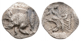 Greek
MYSIA, Kyzikos (Circa 450-400 BC)
AR Hemiobol (8.9mm, 0.3g)
Obv: Forepart of boar left; to right, tunny upward.
Rev: Head of roaring lion left; ...